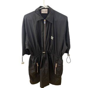 Miu Miu Black Nylon Short-Sleeve Jacket With Gold Zipper Details & Adjustable Wa